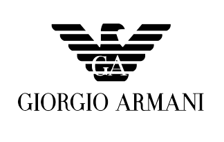 Logo di Giorgio Armani con emblema dell’aquila nera e nome del brand su sfondo bianco