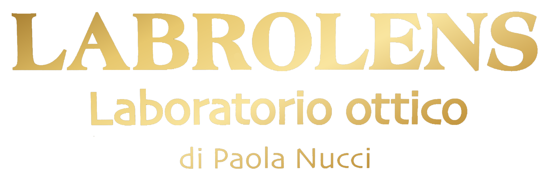 Logo dorato “LABROLENS” con sotto “Laboratorio ottico di Paola Nucci” su sfondo bianco