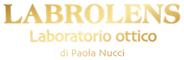 Logo dorato “LABROLENS” con sotto “Laboratorio ottico di Paola Nucci” su sfondo bianco