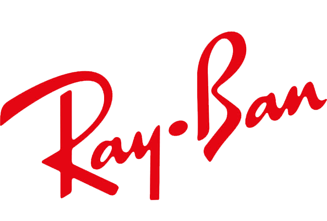 Logo Ray-Ban rosso in corsivo su sfondo bianco