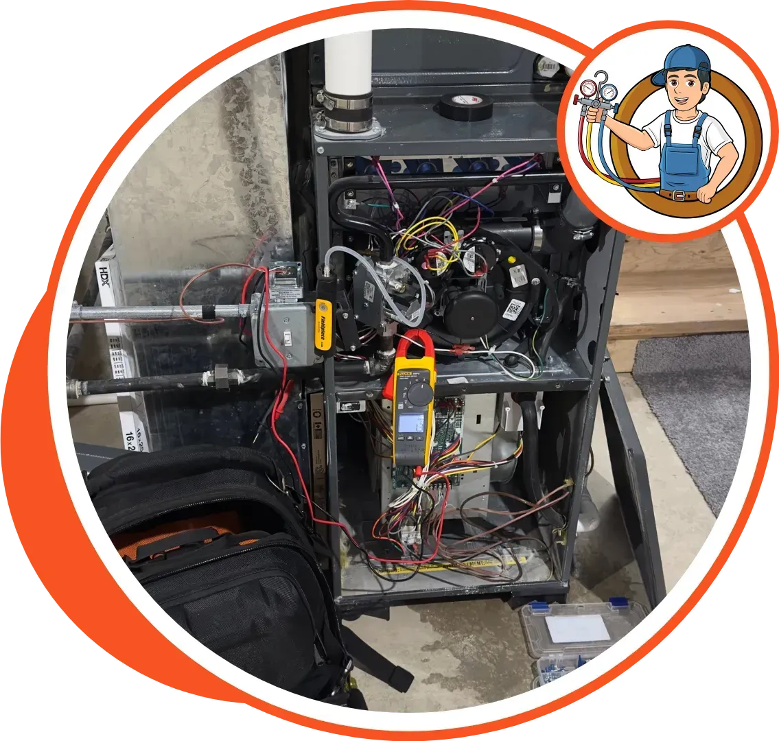 HVAC technician working on a furnace with tools; orange and black multimeter attached.