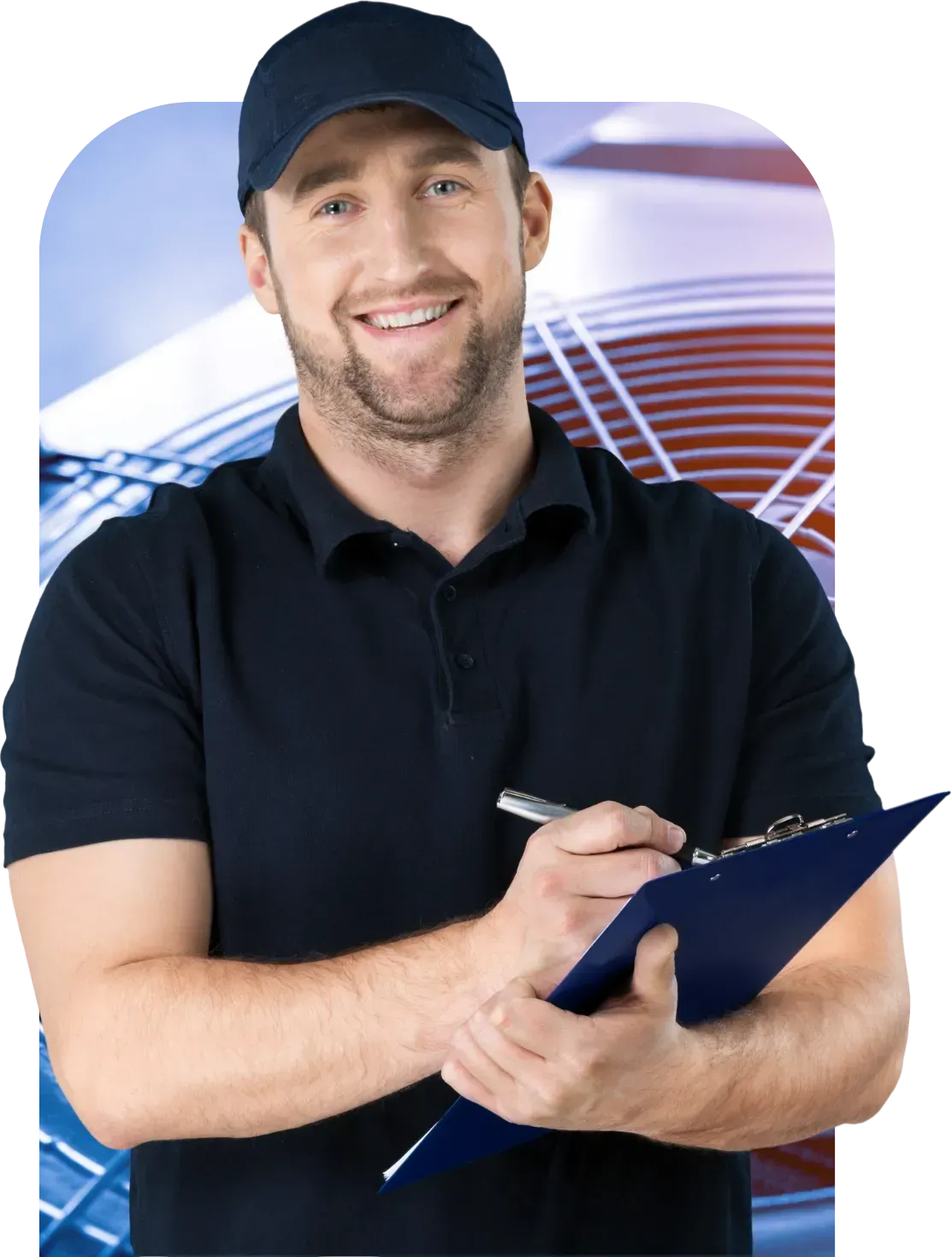 Smiling man in a cap and navy shirt, holding clipboard and pen, against a blurred background.