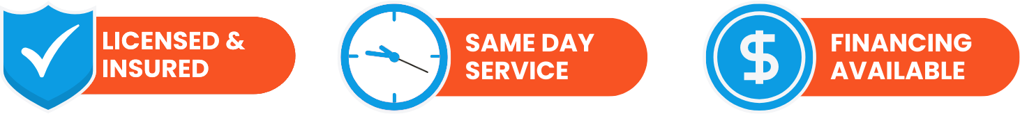 A blue checkmark and orange text labels with text: 