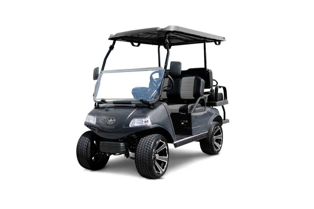 Dark gray golf cart with black wheels and canopy, on a white background.