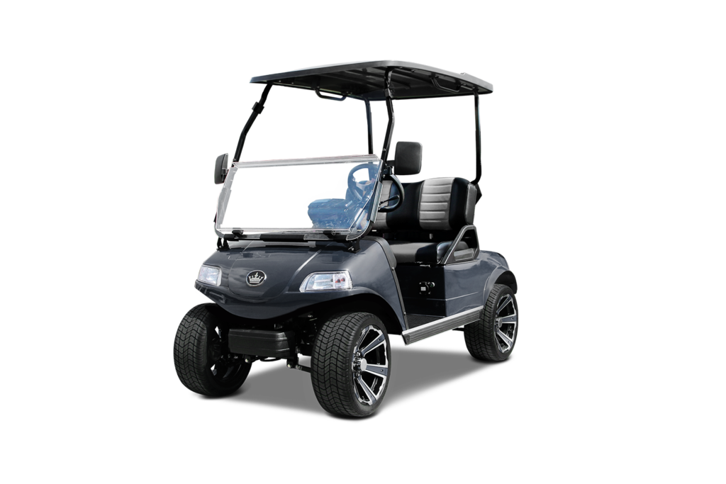 Gray golf cart with black roof and wheels.