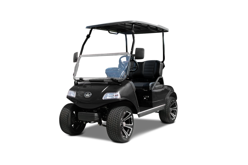Black golf cart with lifted wheels and a canopy.