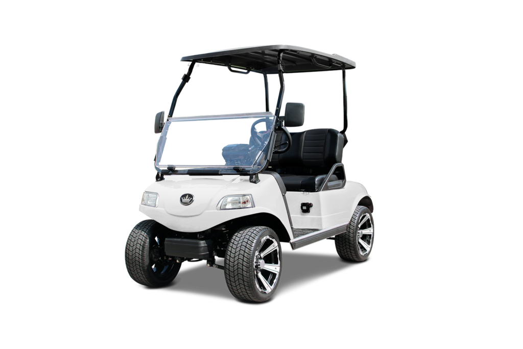 White golf cart with black roof and seats.