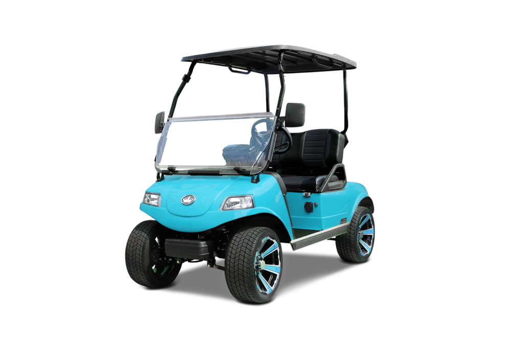 Light blue golf cart with black roof and wheels.
