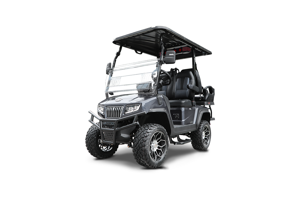 Black golf cart with roof, windshield, and off-road tires.