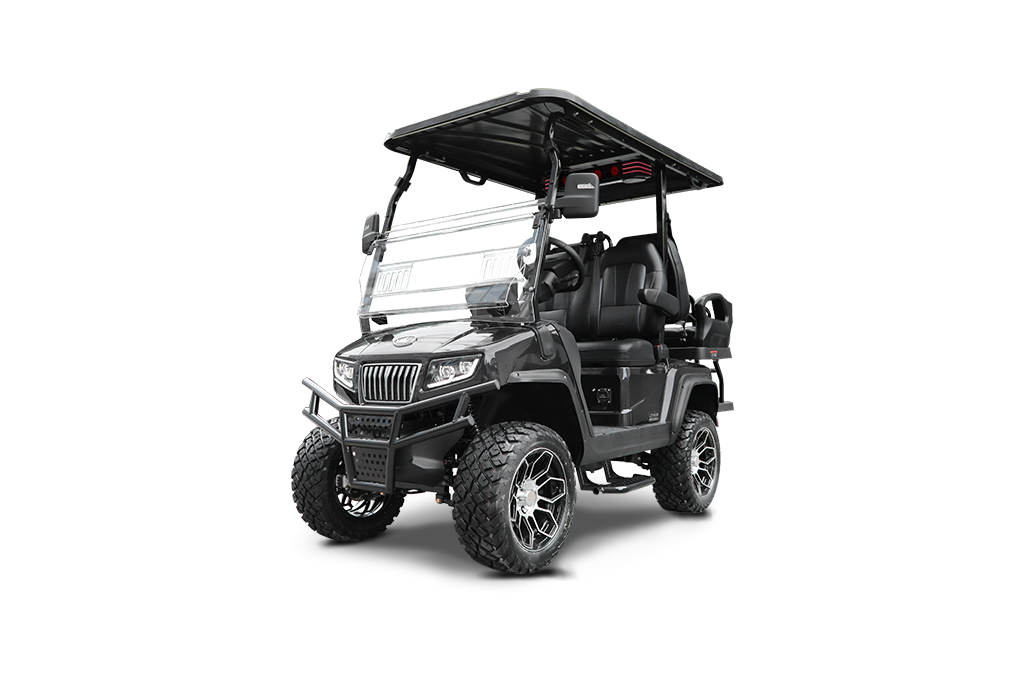 Black golf cart with lifted suspension and custom wheels.