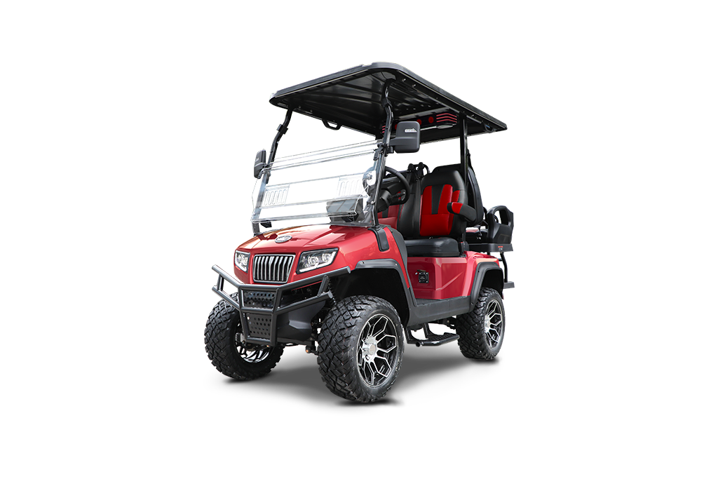 Red golf cart with black roof, large tires, and windshield on a white background.