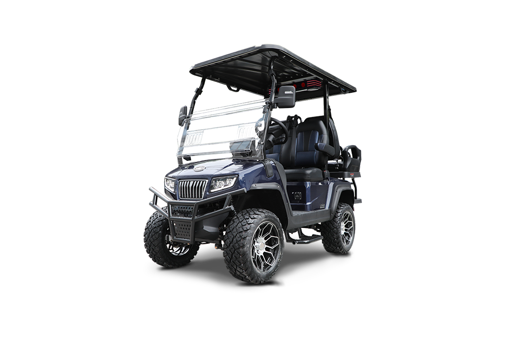 Dark blue golf cart with black wheels, canopy, and front bumper.
