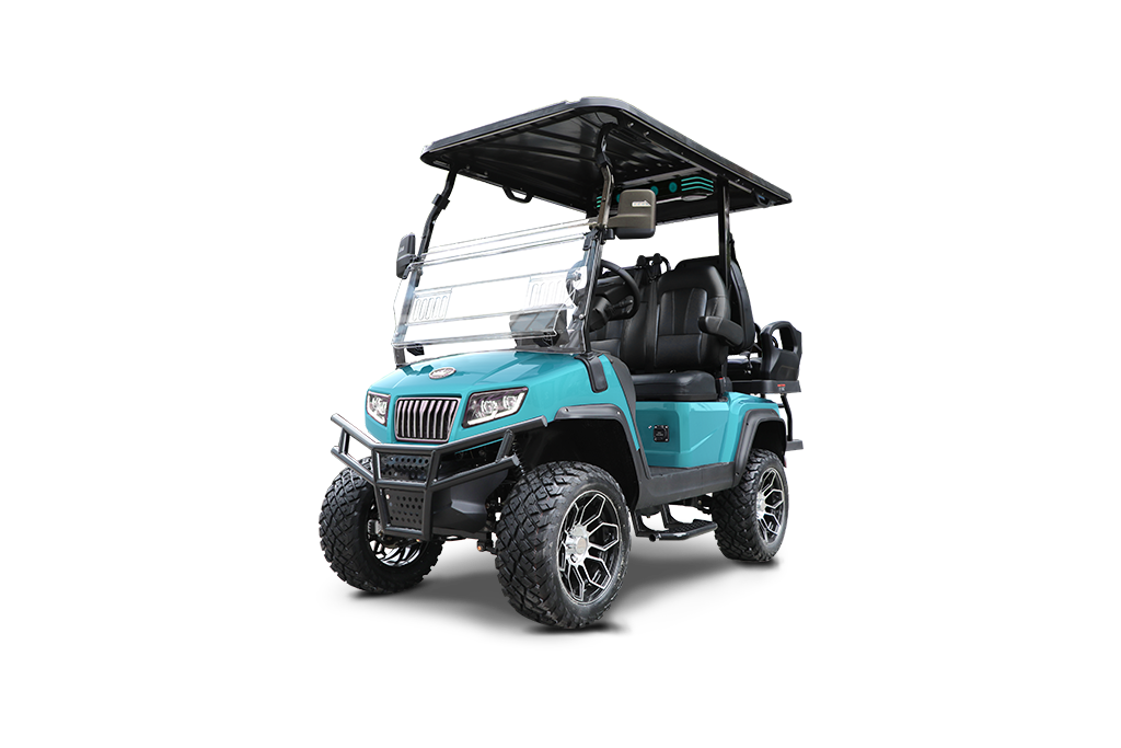 Teal golf cart with black roof and wheels, on a white background.