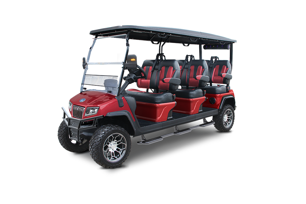 Red and black 8-passenger golf cart with a black roof and off-road tires.