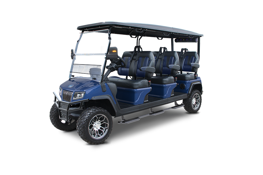 Blue 8-passenger golf cart with black roof, on white background.