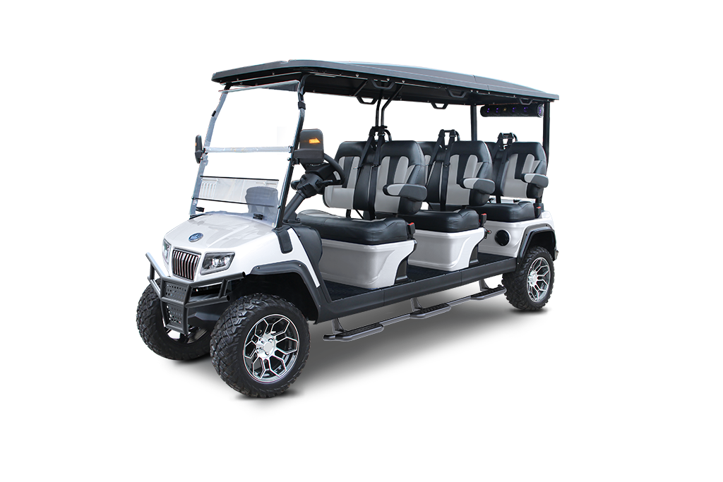 White 8-passenger golf cart with black roof, seats, and off-road tires.