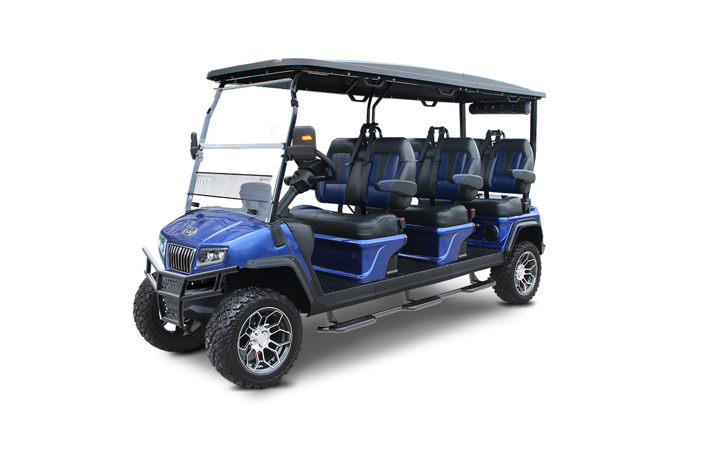 Blue six-passenger golf cart with black roof, large tires, and blue and black seats.