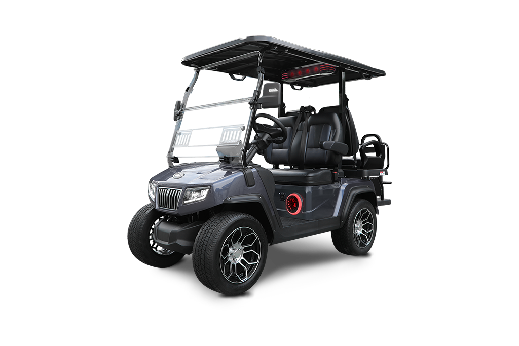 Dark gray golf cart with black roof and large wheels.