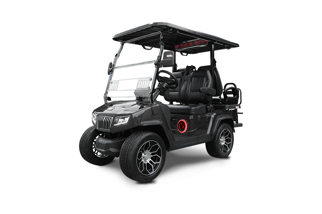 Black golf cart with large tires and a canopy, on a white background.