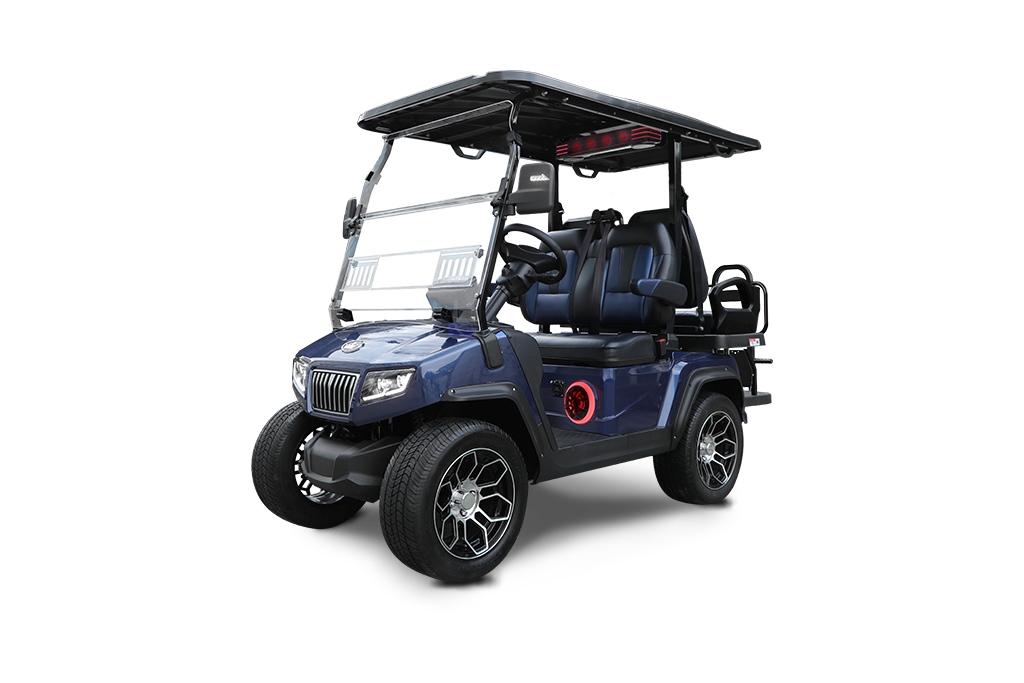 Blue golf cart with black roof and wheels.
