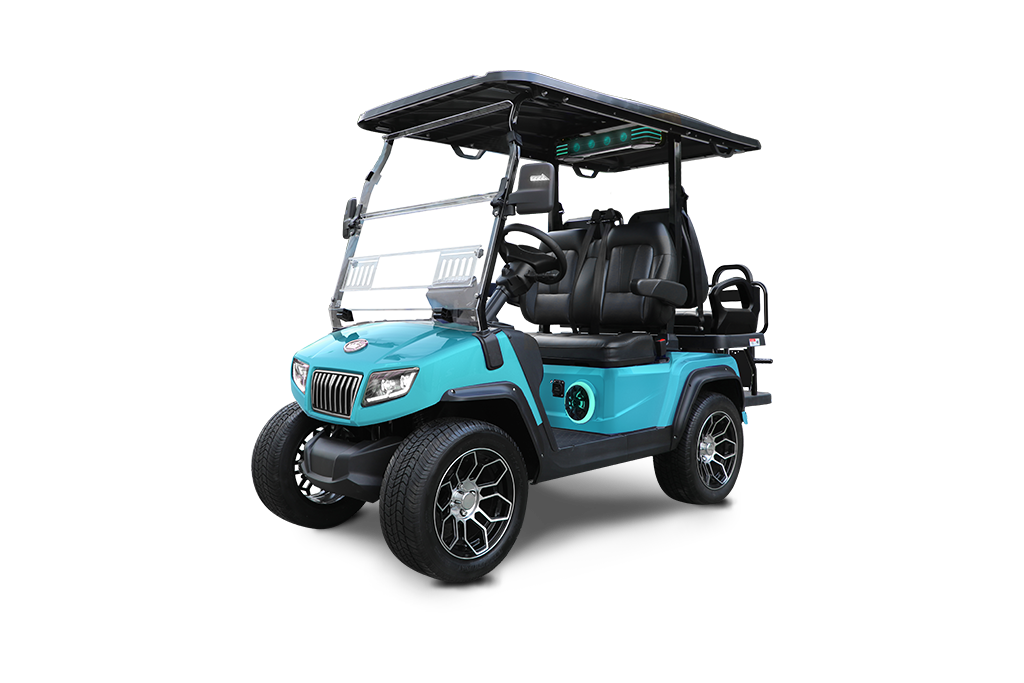 Teal golf cart with black roof, seats, and wheels, on a white background.