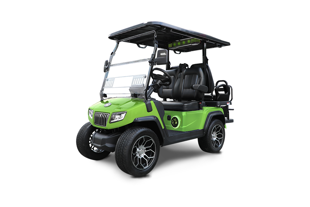Lime green golf cart with black accents, black wheels, and a roof, on a white background.