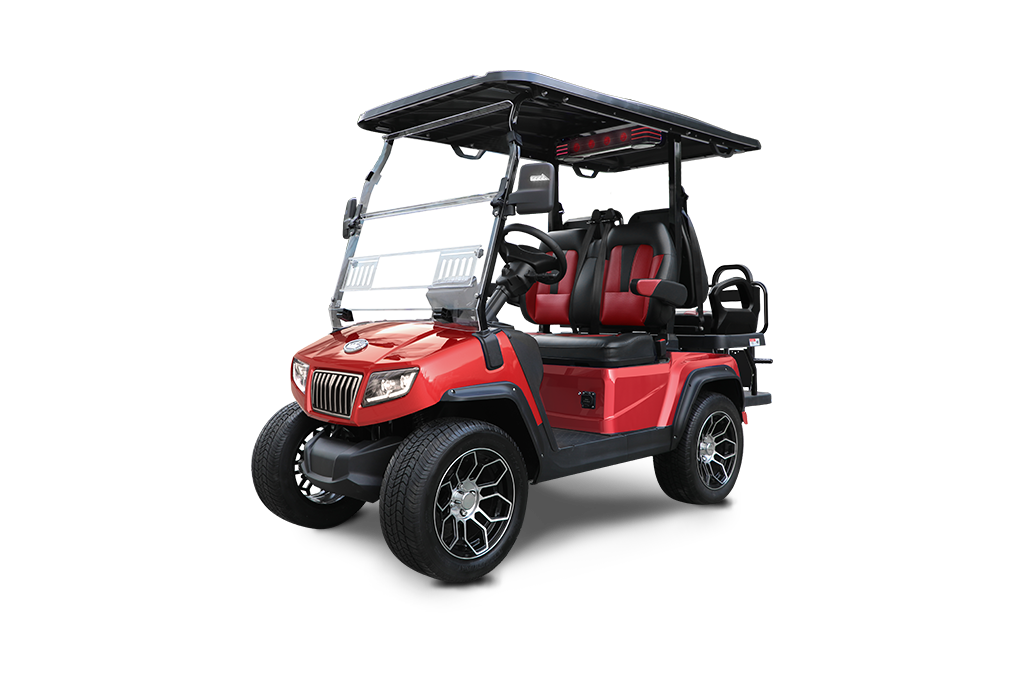 Red golf cart with black roof, seats, and wheels, on a white background.