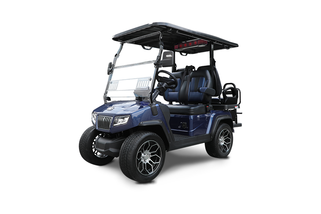 Blue golf cart with black roof, large tires, and passenger seating.