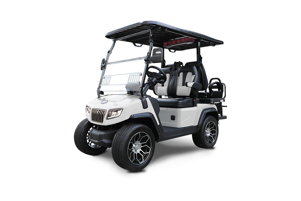 White golf cart with black accents, large tires, and a sunshade.