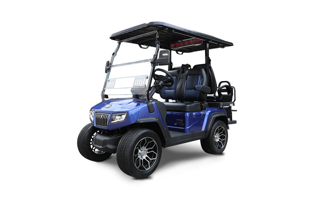 Blue golf cart with black roof and wheels, on a white background.