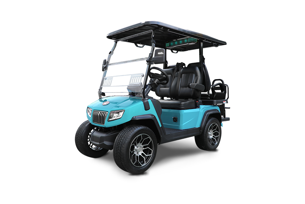 Teal golf cart with black roof, seats, and wheels, on a white background.