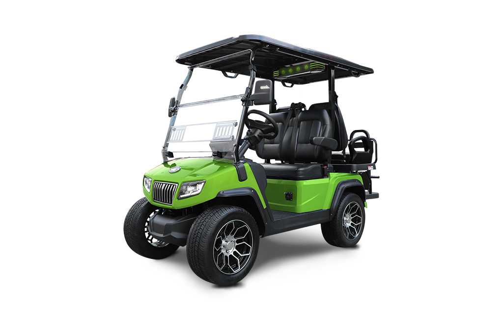 Green golf cart with black seats and tires, on a white background.