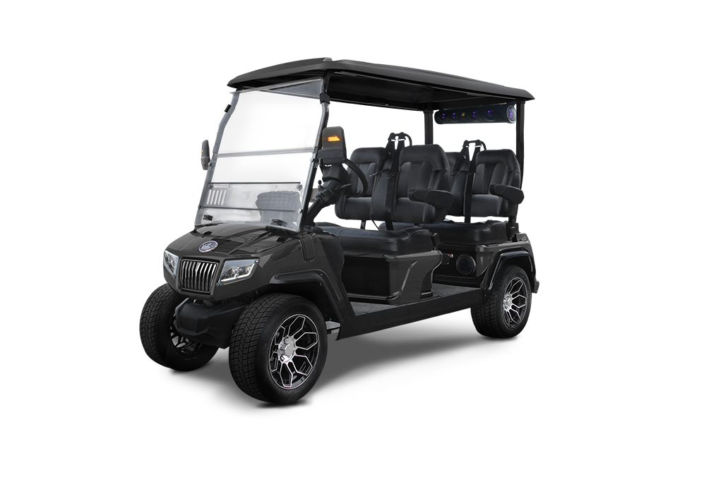Black six-passenger golf cart with tinted windshield, dark seats, and black rims.