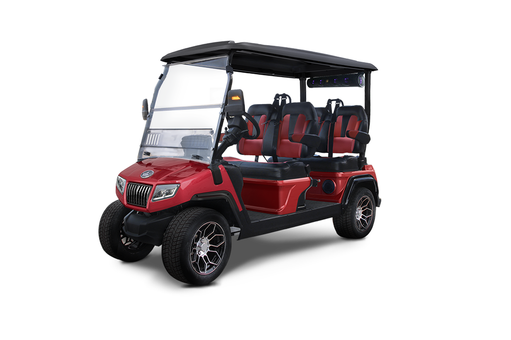 Red and black six-passenger golf cart with black roof and windshield, on a white background.