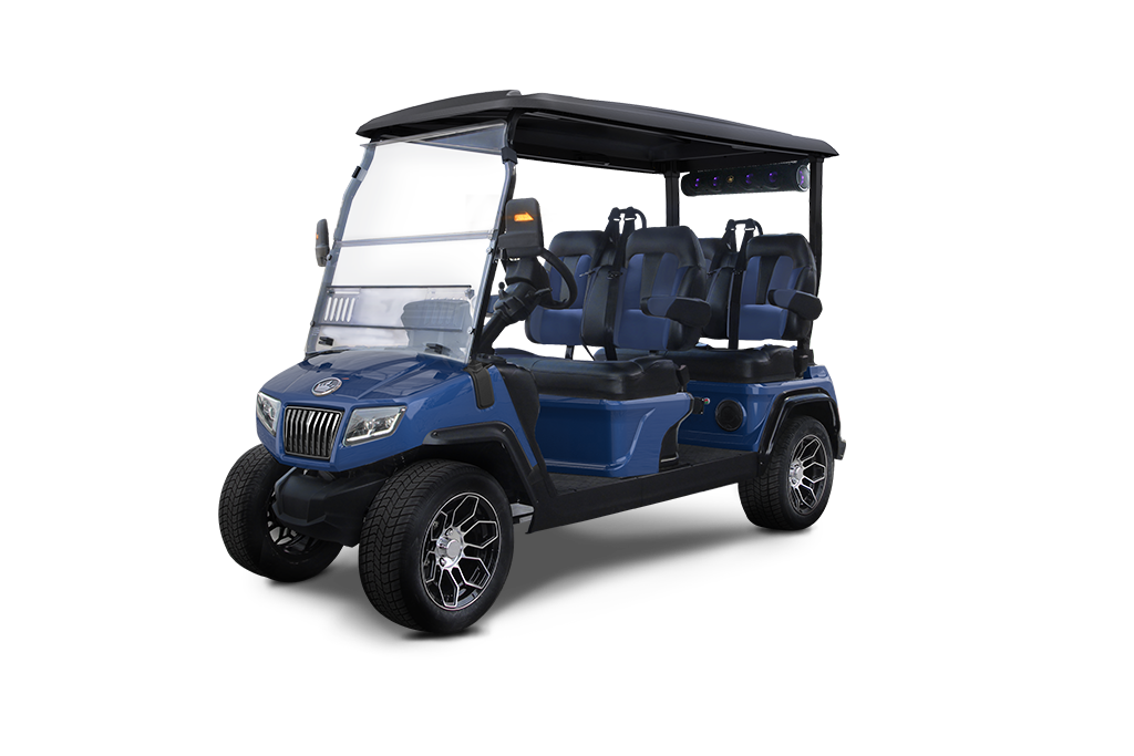 Blue six-seater golf cart with black roof and wheels on a white background.