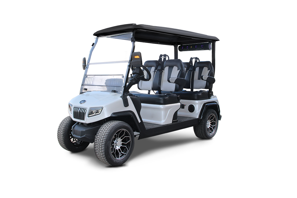 White golf cart with black roof, seats six, on a white background.
