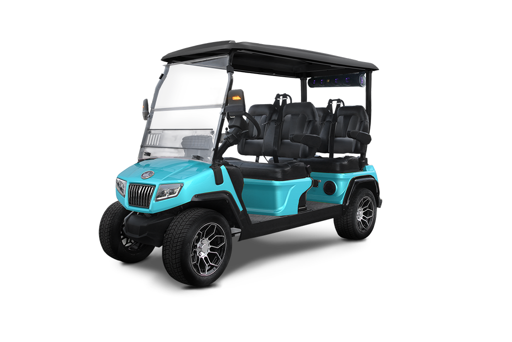 Teal 6-passenger golf cart with black roof, windshield, and black seats.