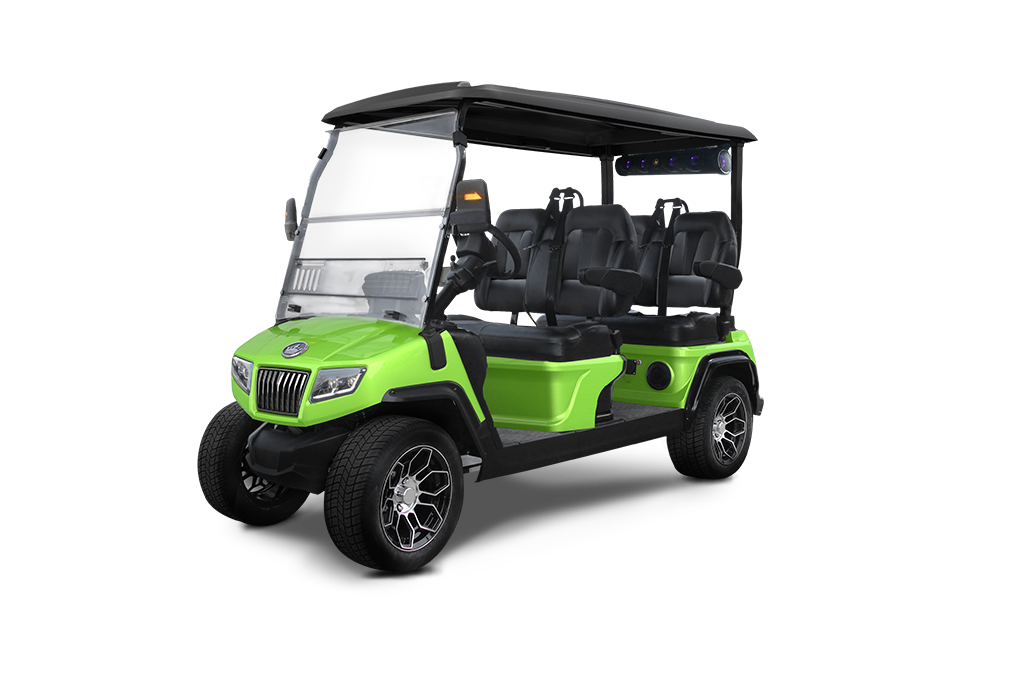 Green six-seater golf cart with black roof and seats, on a white background.