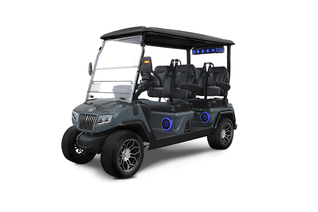 Gray six-seater golf cart with black roof, rims, and seating. Features headlights and side lights.