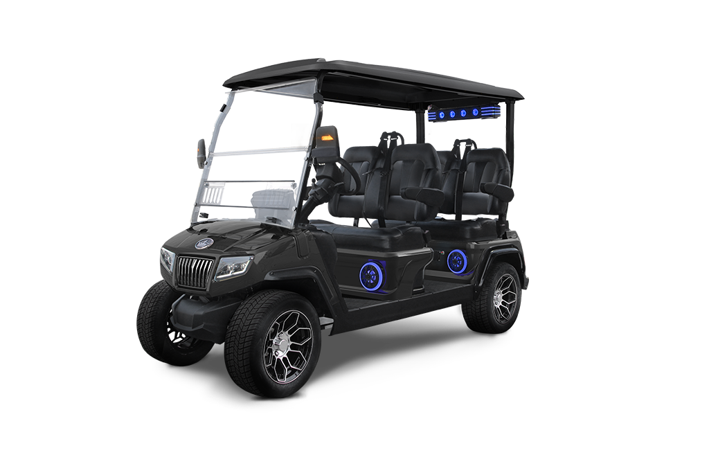 Black six-seater golf cart with tinted windows, black rims, and blue accent lighting.