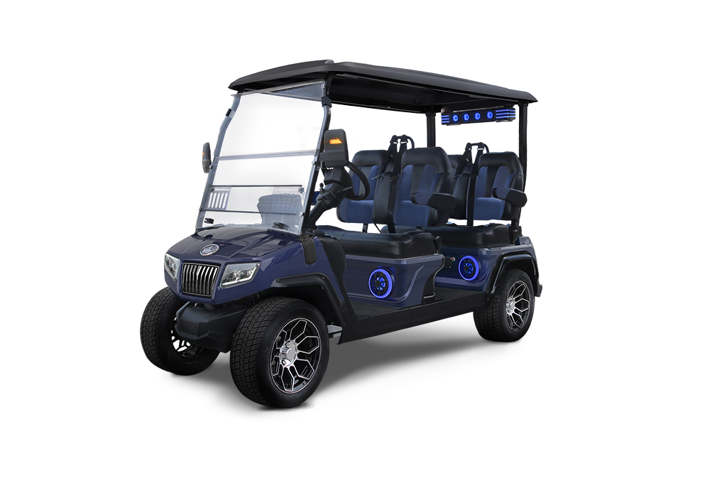 Blue six-seater golf cart with black roof and custom wheels on a white background.
