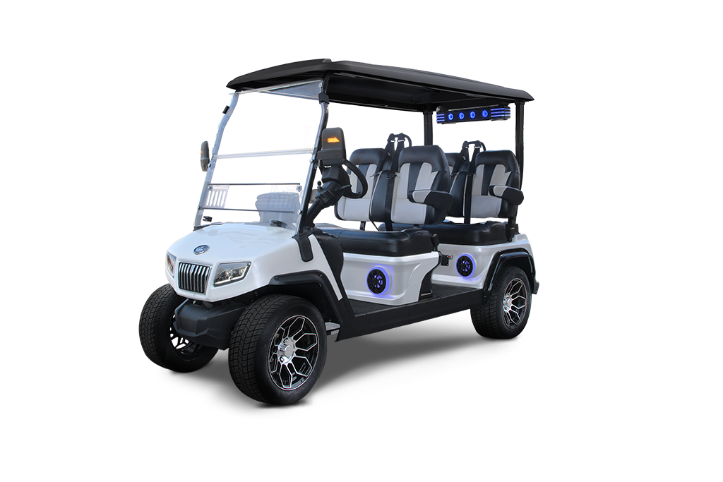 White golf cart with black roof, six seats, and custom wheels.