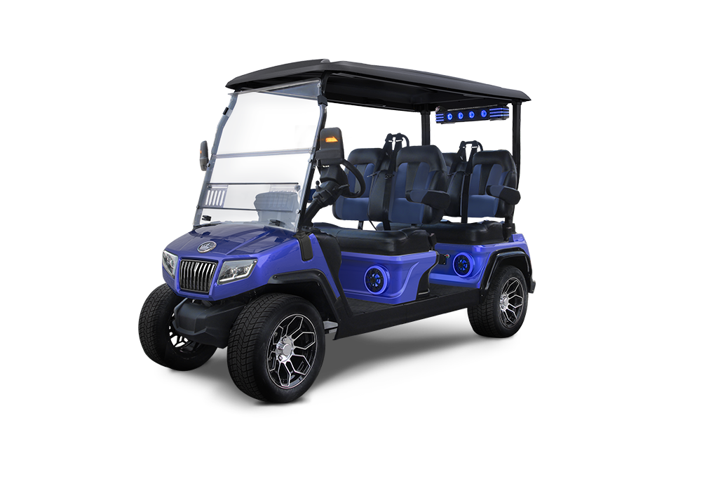 Blue six-seat golf cart with black roof, windshield, and black-rimmed wheels, on a white background.