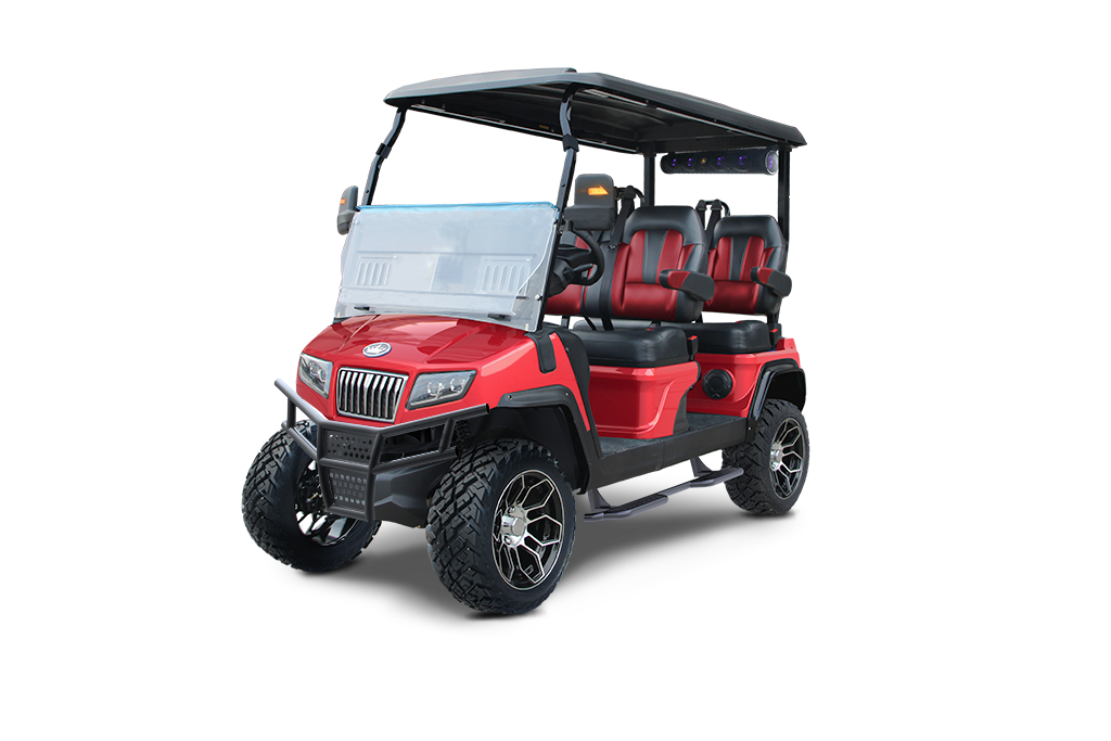 Red golf cart with black roof and wheels, parked on a white background.