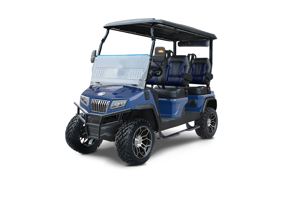Blue golf cart with black roof and seats on a white background.