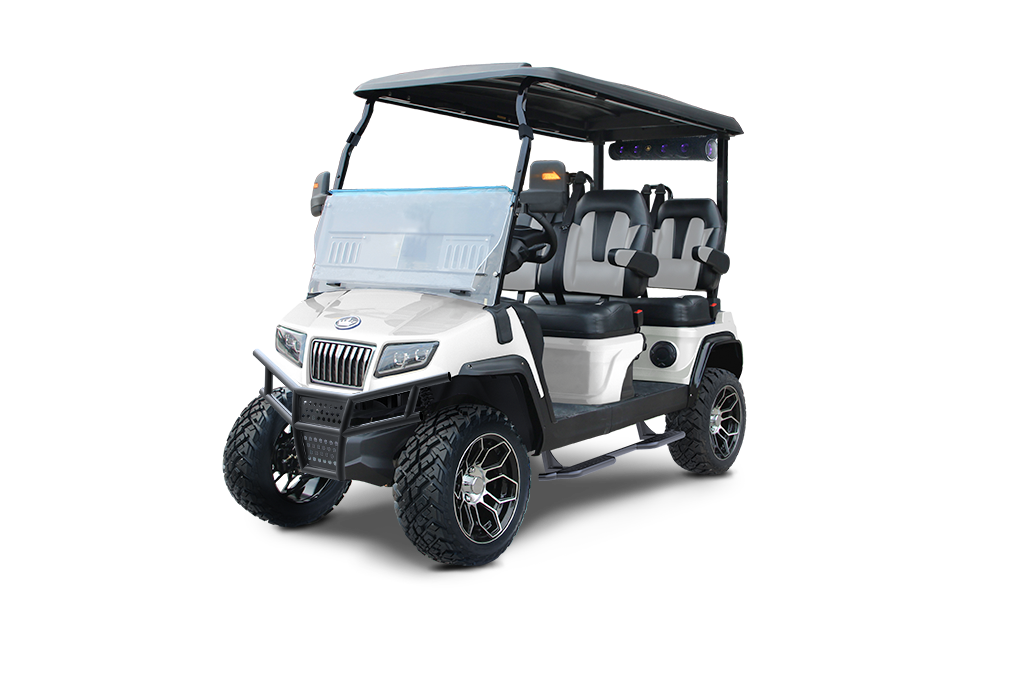 White golf cart with black roof, off-road tires, and camouflage seats.