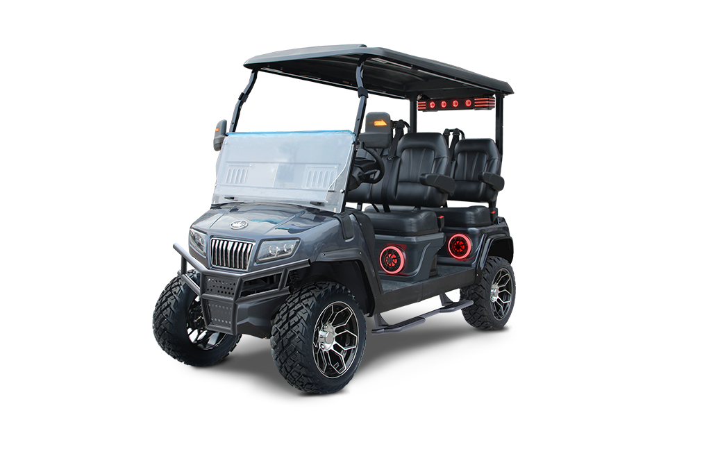 Black lifted golf cart with black wheels, windshield, and roof, on a white background.