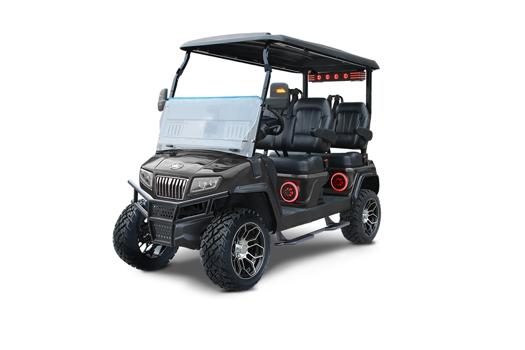 Black and gray golf cart with off-road tires, a black roof, and red taillights.