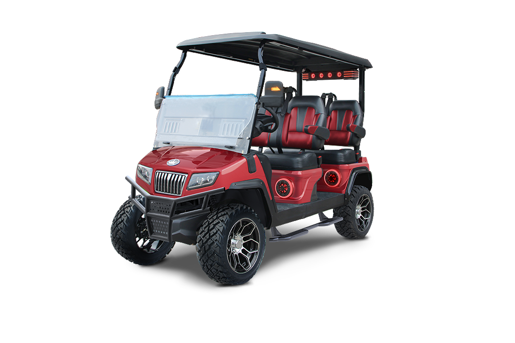 Red golf cart with black roof, large tires, and seating for passengers.