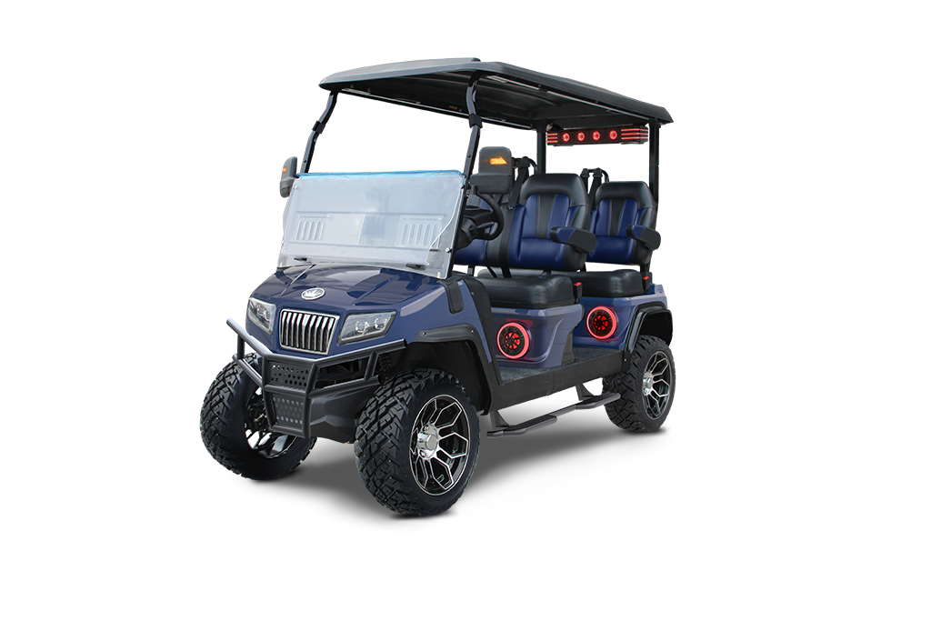 Dark blue golf cart with black roof and large wheels, on a white background.